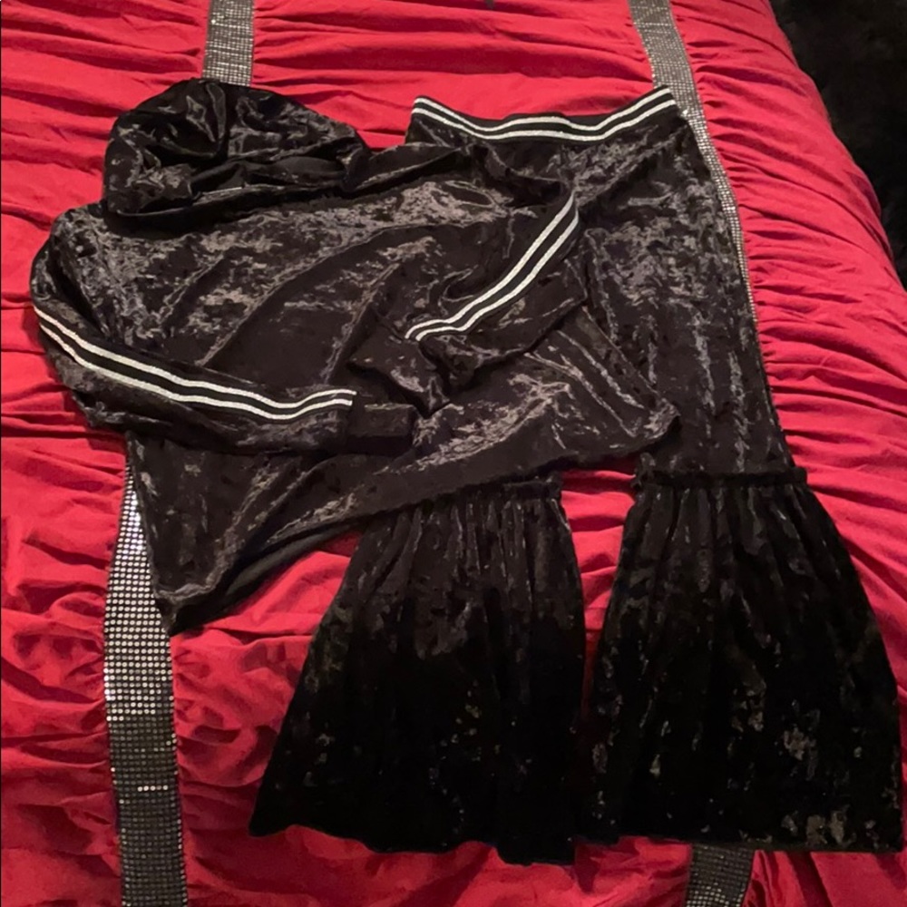 Girls Black Velvet Retro Hoodie and Bell Bottoms